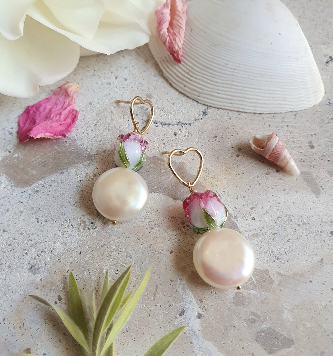 Rose & Pearl Heart Drops in Gold